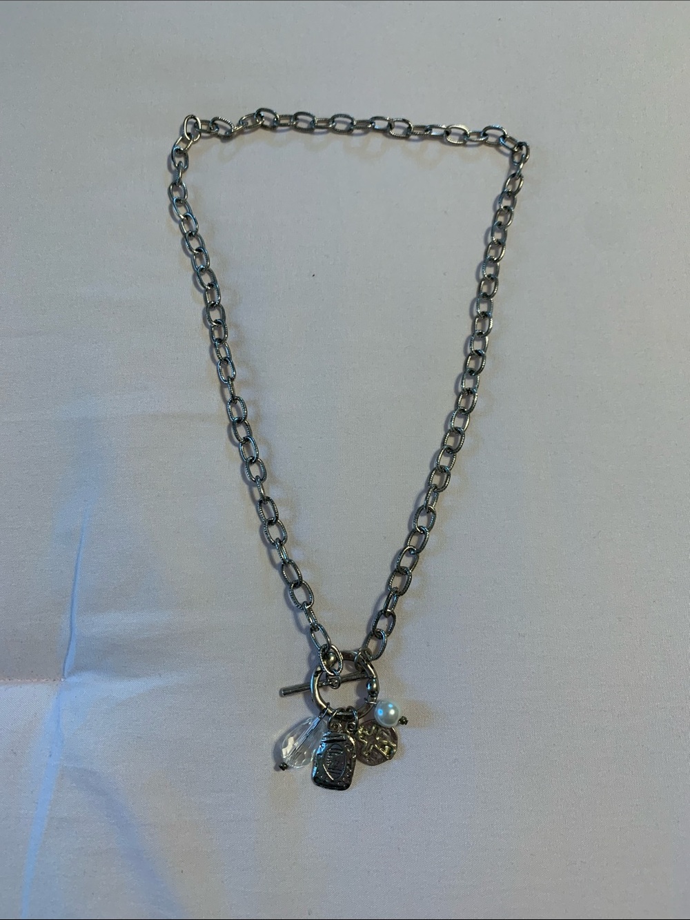 belk Silver-Tone Charm Necklace with Clear Crystal and Faux Pearl